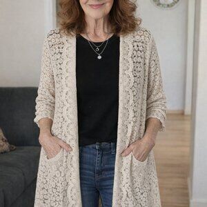 Johnny Was Ecru lace crochet three-quarter length cardigan